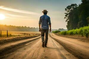 hombre caminando en suciedad la carretera a puesta de sol. generado por ai foto