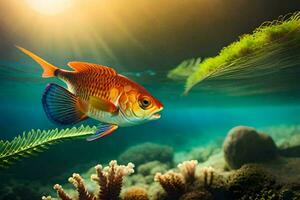 un pescado nadando en el Oceano con plantas y algas. generado por ai foto