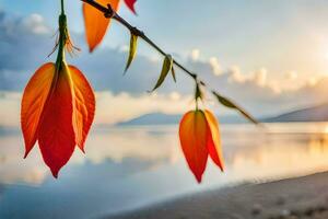 otoño hojas en el playa a puesta de sol. generado por ai foto