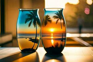 two vases with a sunset and palm trees in them. AI-Generated photo