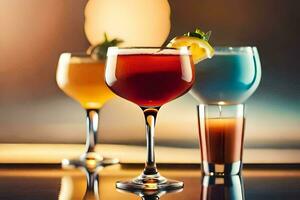 three different types of cocktails on a table. AI-Generated photo