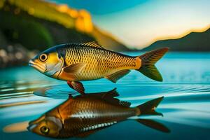 un pescado es flotante en el agua con sus reflexión. generado por ai foto