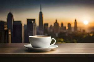 coffee cup on the table with cityscape in the background. AI-Generated photo