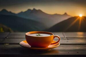 a cup of coffee on a wooden table in front of a mountain view. AI-Generated photo