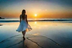 un mujer en un blanco vestir caminando en el playa a puesta de sol. generado por ai foto