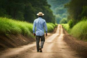 a man in a hat walks down a dirt road. AI-Generated photo