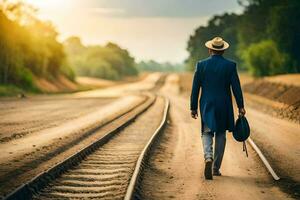 a man in a suit and hat walking on railroad tracks. AI-Generated photo