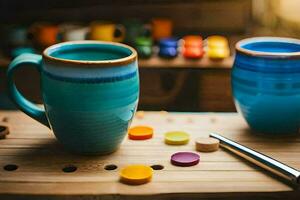 two colorful mugs sit on a wooden table. AI-Generated photo