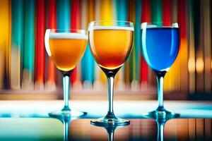 three glasses of different colored drinks on a table. AI-Generated photo