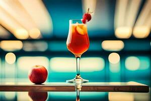 a glass of red drink with an apple on a table. AI-Generated photo