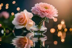 pink flowers in a vase on a table. AI-Generated photo