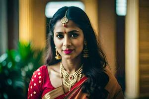 a beautiful indian bride in a red sari. AI-Generated photo