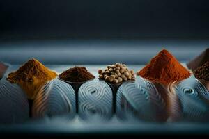 a row of spices on a table. AI-Generated photo
