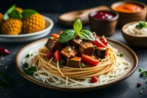 espaguetis con tofu y vegetales en un lámina. generado por ai foto
