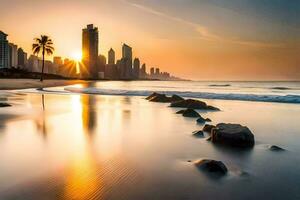 el Dom conjuntos terminado el playa y ciudad horizonte. generado por ai foto