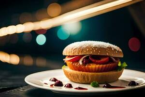 a hamburger on a plate with a blurry background. AI-Generated photo