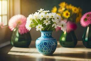 a vase with white flowers sitting on a table. AI-Generated photo