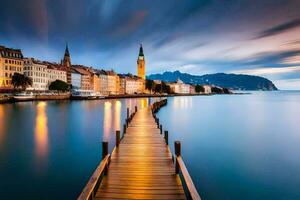 a wooden pier in the water with a church in the background. AI-Generated photo