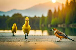 Tres aves en pie en el apuntalar de un lago. generado por ai foto