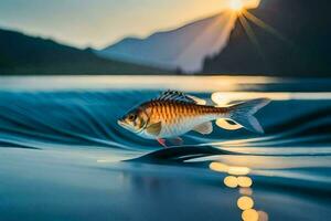 a fish is swimming in the water at sunset. AI-Generated photo