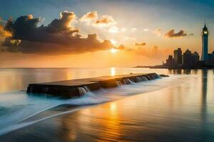 a sunset over the ocean with a dock and a city skyline. AI-Generated photo