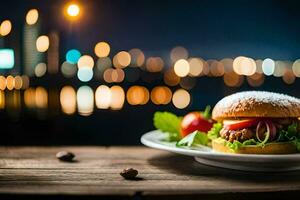 a hamburger and salad on a plate with a city view. AI-Generated photo