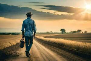 a man walking down a dirt road with a hat and suitcase. AI-Generated photo