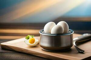 three eggs in a metal bowl on a wooden cutting board. AI-Generated photo