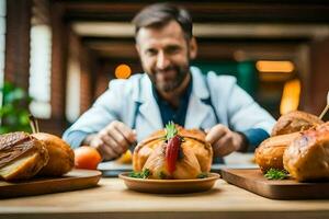 a man is sitting at a table with food on it. AI-Generated photo