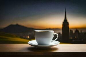 a cup of coffee on a table in front of a cityscape. AI-Generated photo