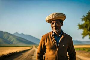 an afghan man wearing a straw hat stands in the middle of a dirt road. AI-Generated photo