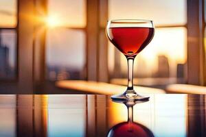 a glass of red wine on a table in front of a city skyline. AI-Generated photo