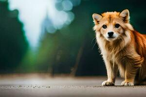 un perro es en pie en el la carretera en frente de un borroso antecedentes. generado por ai foto