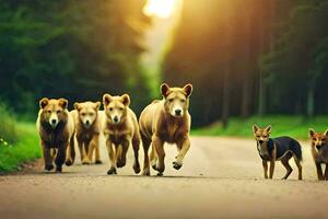 a group of dogs running down a road. AI-Generated photo