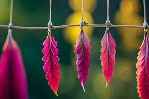 four colorful leaves hang from a line. AI-Generated photo