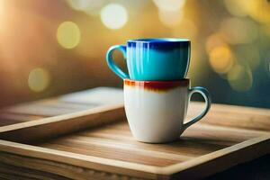 two colorful coffee cups on a wooden tray. AI-Generated photo