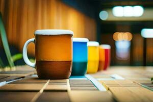 a row of colorful coffee cups on a wooden table. AI-Generated photo