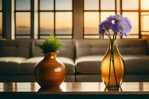 dos floreros con flores en un mesa en frente de un ventana. generado por ai foto