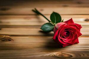 a single red rose on a wooden table. AI-Generated photo