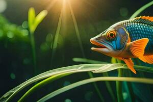 a fish is standing in the grass with the sun shining. AI-Generated photo