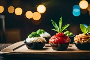 cupcakes with marijuana leaves on top of a wooden tray. AI-Generated photo