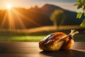 chicken on the table with sunset in the background. AI-Generated photo