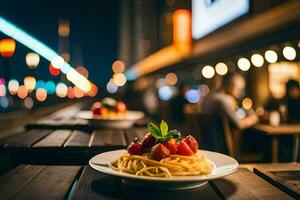 a plate of spaghetti and strawberries on a table in a restaurant. AI-Generated photo