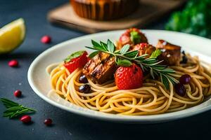 spaghetti with meat and berries on a plate. AI-Generated photo
