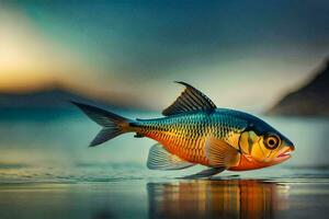 un pescado es en pie en el agua con un puesta de sol en el antecedentes. generado por ai foto