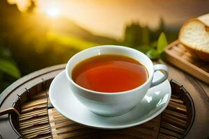 a cup of tea on a wooden table. AI-Generated photo