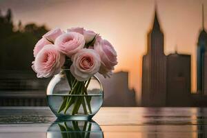 pink roses in a vase on a table with a city skyline in the background. AI-Generated photo