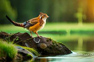 a bird is standing on a rock near a river. AI-Generated photo