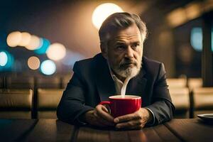 a man with a beard sitting at a table with a cup of coffee. AI-Generated photo