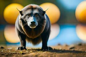 a black bear with horns standing in front of a lake. AI-Generated photo